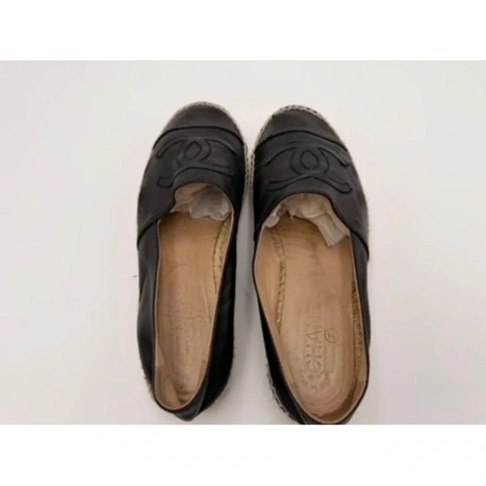 Chanel Espadrilles Women Black Good Lambskin Leather CC Logo‎ Flats
